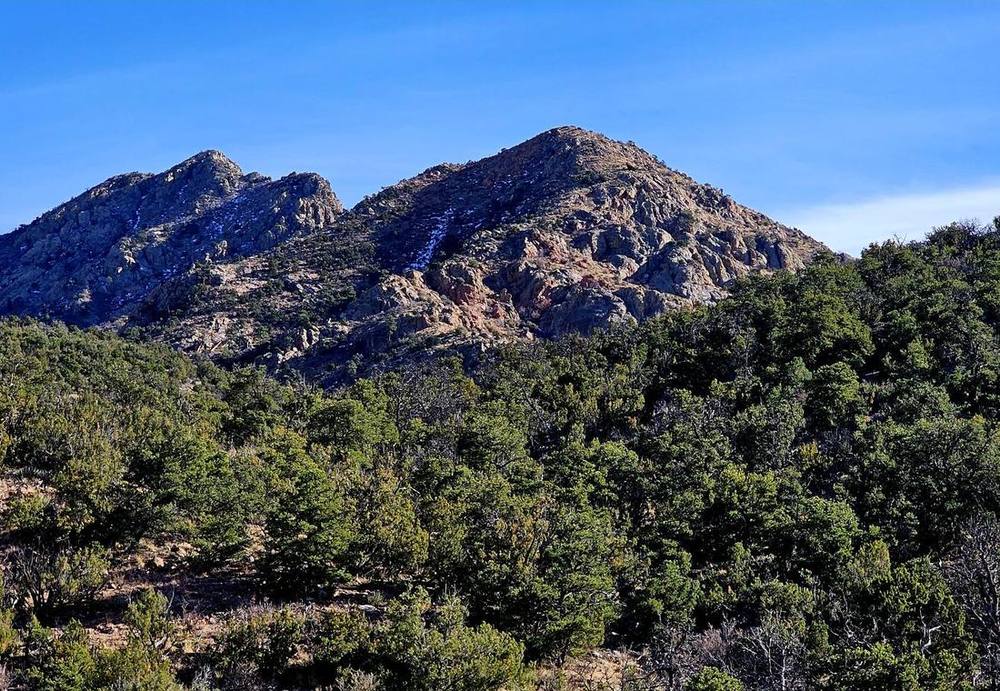 Timbered mountain face rising out of the high desert