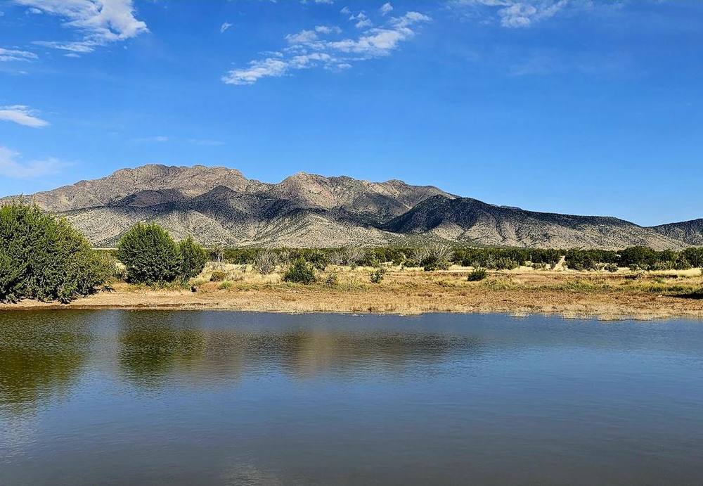 Stock pond reflecting the mountains on a calm afternoon