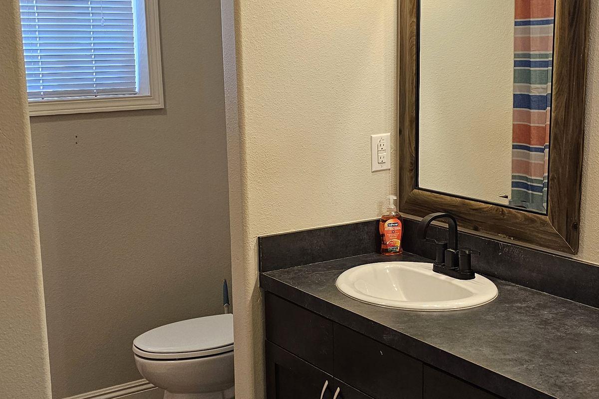 Lodge bathroom with a stone-top vanity, framed mirror and toilet